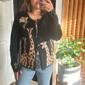 VINTAGE Arriviste Buttoned Front Giraffe Embroidered All Over Sweater. Size S